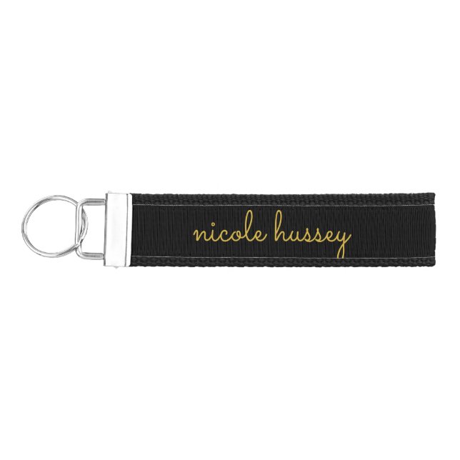 Black and Gold Script  | Stylish Monogram Modern Wrist Keychain (Keys on Left)