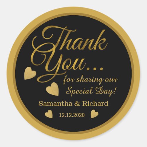 Black And Gold Script Thank You Wedding Favor   Classic Round Sticker