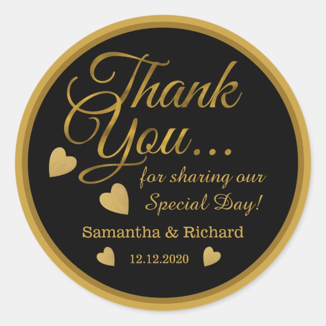 Black And Gold Script Thank You Wedding Favor   Classic Round Sticker (Front)