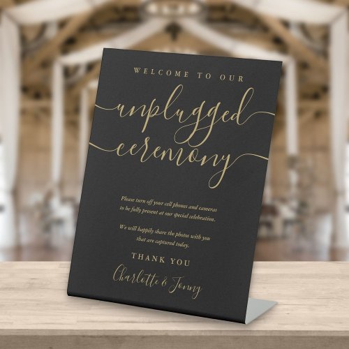 Black And Gold Script Unplugged Wedding Ceremony Pedestal Sign