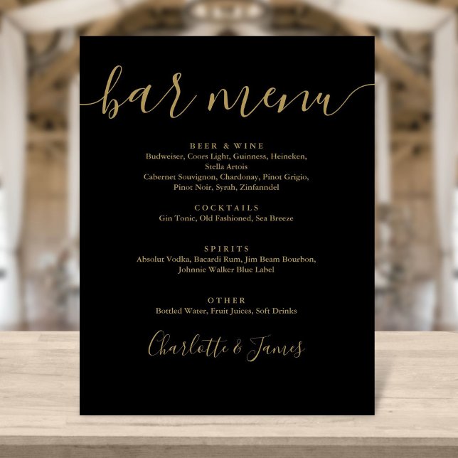 Black And Gold Script Wedding Bar Menu Sign (Creator Uploaded)