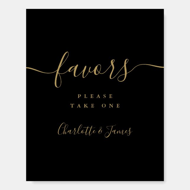 Black And Gold Script Wedding Favors Table Sign (Front)