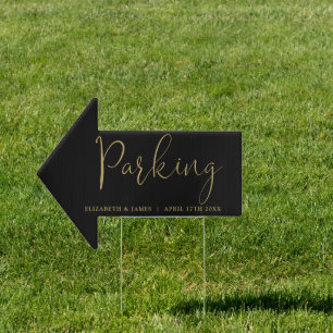 Black And Gold Script Wedding Parking This Way Sign
