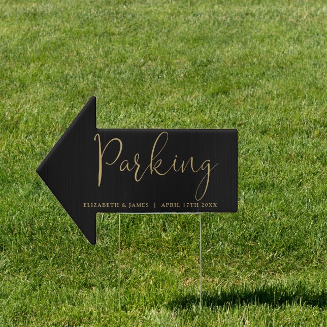 Black And Gold Script Wedding Parking This Way Sign (Insitu)