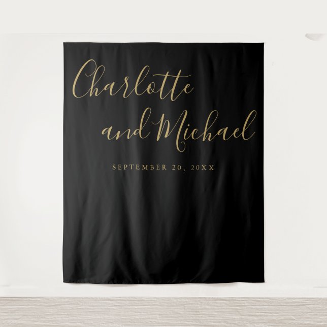 Black And Gold Script Wedding Photo Booth Backdrop (Front)