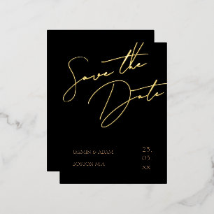 Black and Gold Script Wedding Save the Date Gold Foil Invitation Postcard