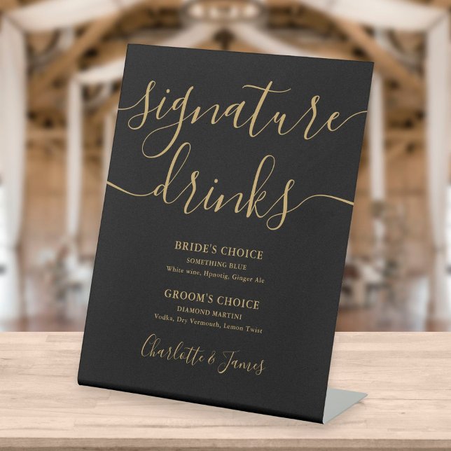 Black And Gold Script Wedding Signature Drinks Ped Pedestal Sign (Creator Uploaded)