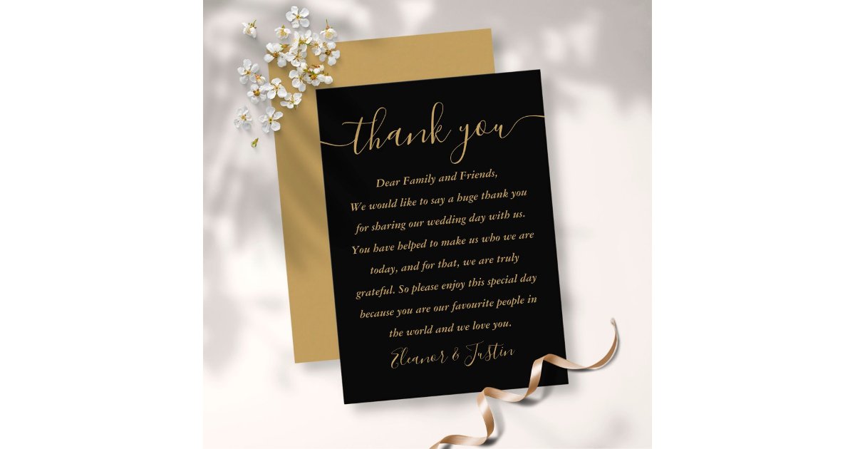 Black And Gold Script Wedding Thank You Place Card | Zazzle