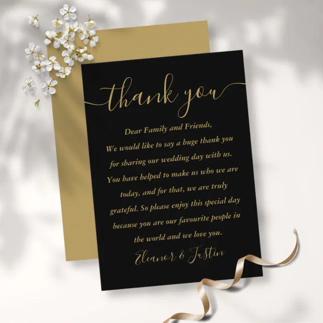 Black And Gold Script Wedding Thank You Place Card | Zazzle