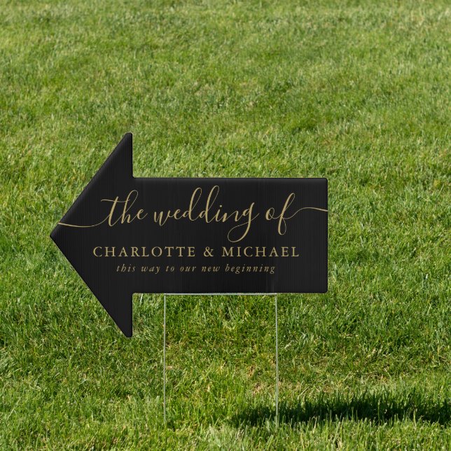 Black And Gold Script Wedding This Way Arrow Sign (Insitu)