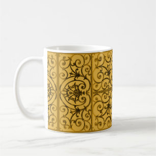 Black and gold scrollwork pattern coffee mug
