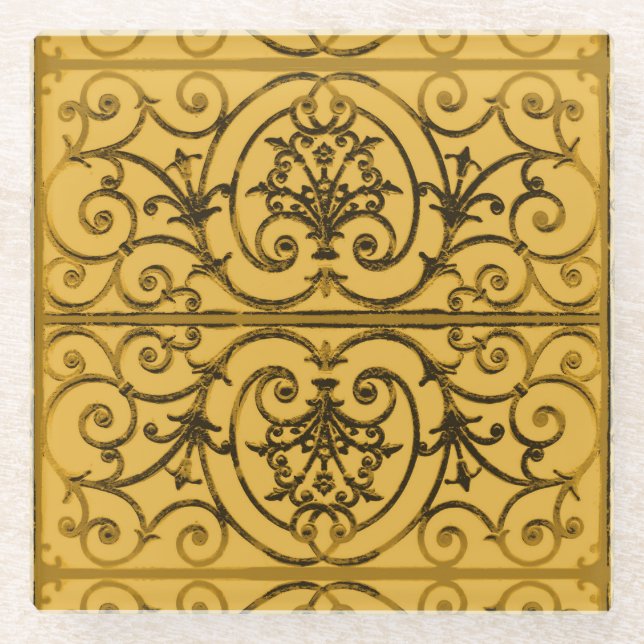 Black and gold scrollwork pattern glass coaster (Front)