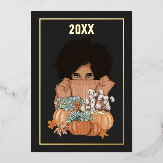 Black and Gold Seasonal Autumn - Fall Foil Holiday Card (Front)