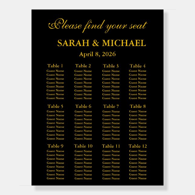 Black and Gold Seating Chart Foam Boards (Front)