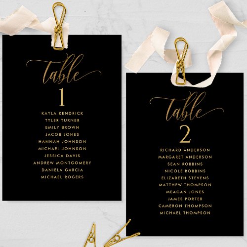 Black and Gold Seating Plan Cards with Guest Names
