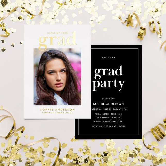 Black and Gold Serif Photo Graduation Party Foil Invitation (Creator Uploaded)