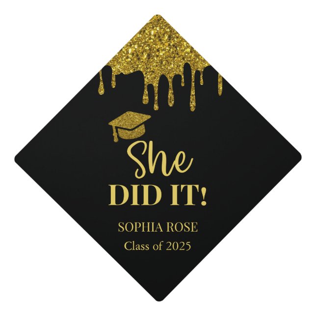Black and Gold She Did it Graduation Cap Topper (Front)