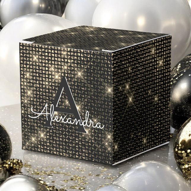 Black and Gold Shimmer Monogram - Add Your Name Favor Boxes (Creator Uploaded)