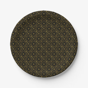 Black and Gold Shiny Geometric Pattern Elegant Paper Plates