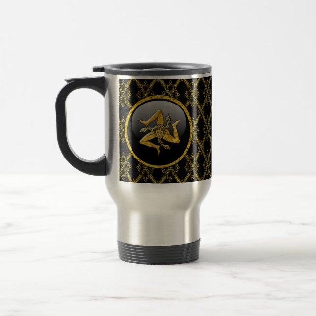 Black and Gold Sicilian Trinacria Travel Mug (Left)