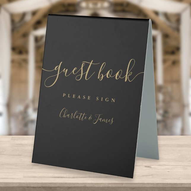 Black And Gold Signature Script Guest Book Table Tent (Creator Uploaded)