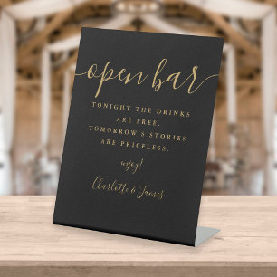 Black And Gold Signature Script Open Bar Pedestal Sign