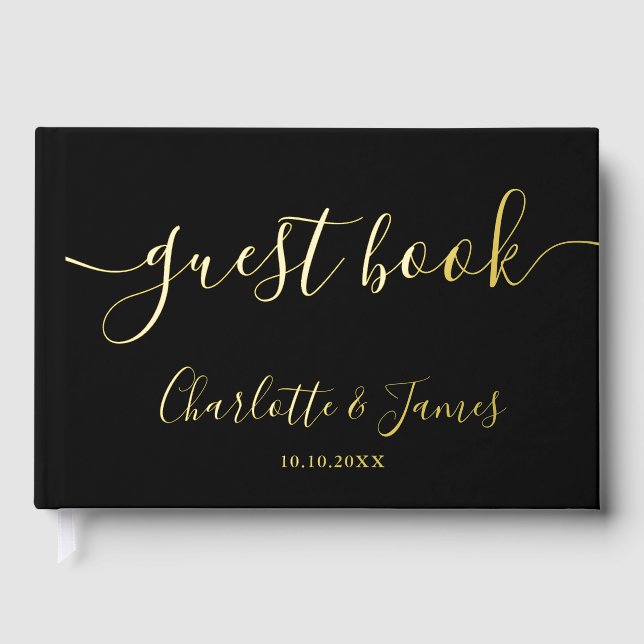 Black And Gold Signature Script Photo Wedding Foil Guest Book (Front)