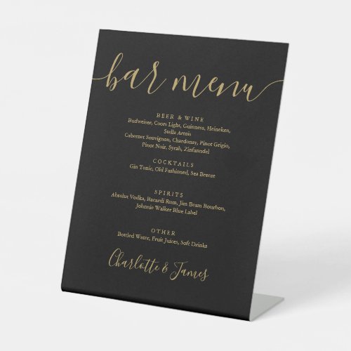 Black And Gold Signature Script Wedding Bar Menu Pedestal Sign - This elegant black and gold script minimalist bar menu sign is perfect for all celebrations. Designed by Thisisnotme©