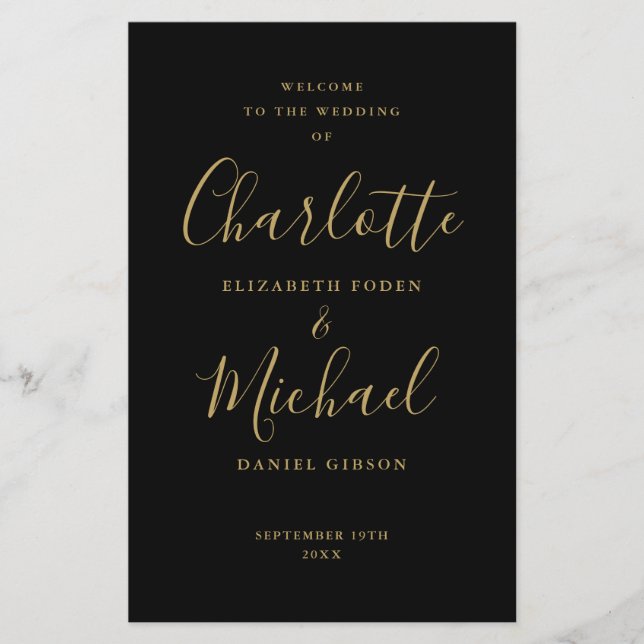 Black And Gold Signature Script Wedding Program (Front)