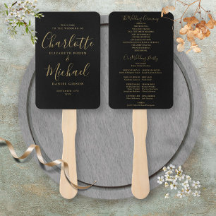 Black And Gold Signature Script Wedding Program Hand Fan