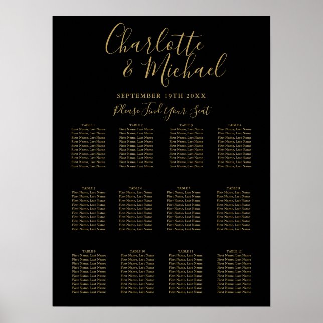 Black And Gold Signature Wedding Seating Chart (Front)