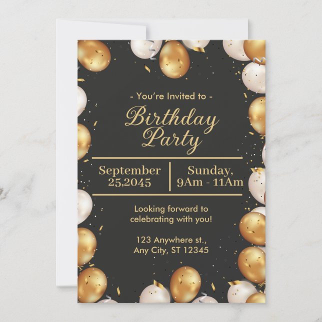 Black and Gold Simple Birthday Party card (Front)