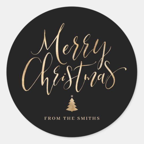 Black and Gold Simple Calligraphy Merry Christmas Classic Round Sticker