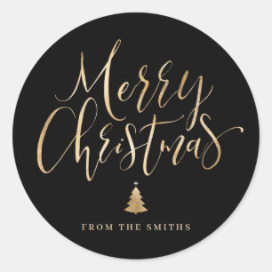 Black and Gold Simple Calligraphy Merry Christmas Classic Round Sticker