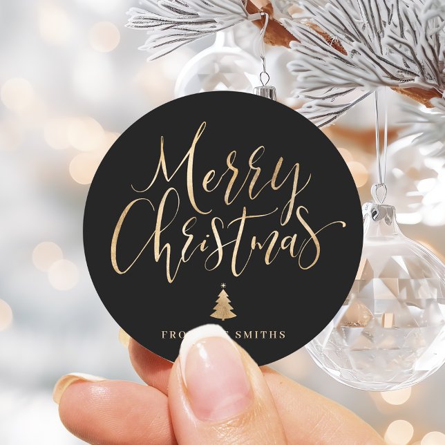 Black and Gold Simple Calligraphy Merry Christmas Classic Round Sticker (Black and Gold Simple Calligraphy Merry Christmas Classic Round Sticker)