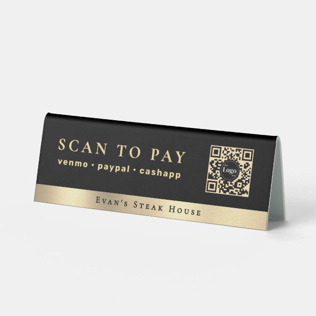 Black and Gold Simple Clean Qr Code Scan To Pay Table Tent (Front)