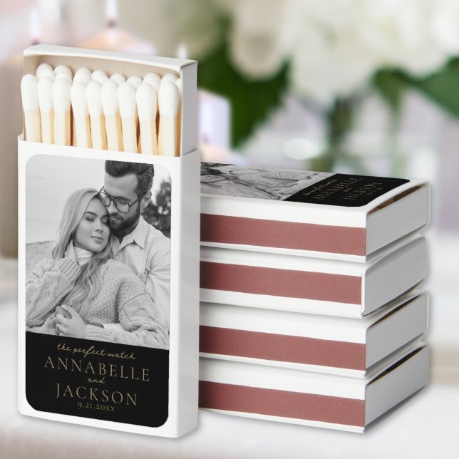 Black And Gold Simple Couple Photo Wedding Favors Matchboxes (Black And Gold Simple Couple Photo Wedding Favors Matchboxes)