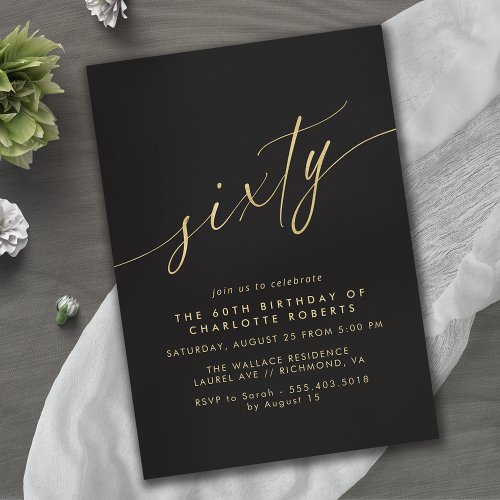 Black and Gold  Simple Glam Luxe 60th Birthday Invitation