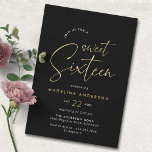 Black and Gold | Simple Glam Sweet 16 Birthday Invitation<br><div class="desc">Black and faux gold 16th birthday invitations with "sweet sixteen" text in a handwritten script font. Simple and elegant. Please note: Gold effect is replicated by a high quality graphic. No real foil will be used.</div>
