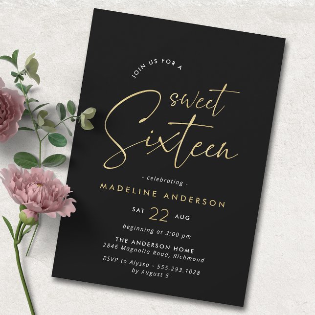Black and Gold | Simple Glam Sweet 16 Birthday Invitation (Creator Uploaded)