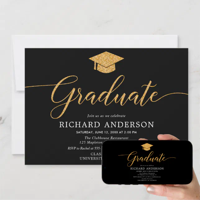 Black and gold simple graduation party Graduate Invitation | Zazzle