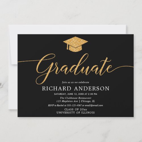 Black and gold simple graduation party Graduate Invitation