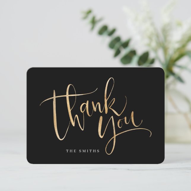 Black and gold simple modern Calligraphy Thank You Card (Standing Front)