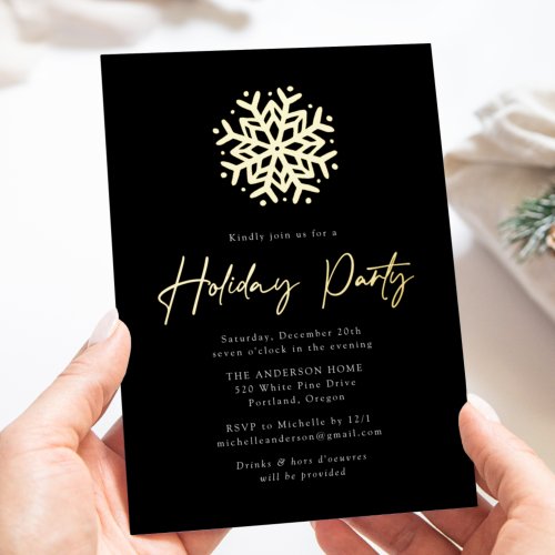 Black and Gold Simple Snowflake Holiday Party Foil Invitation