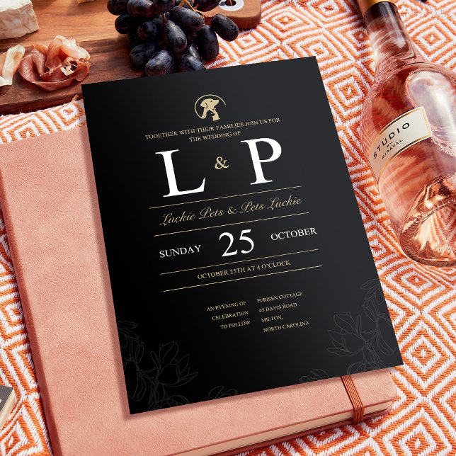 Black and Gold Simple wedding invitation with pets (Creator Uploaded)