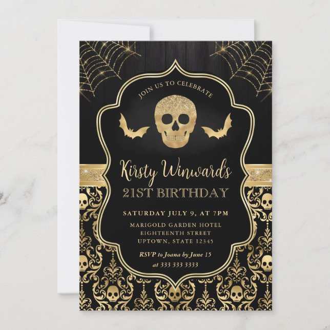 Black and Gold Skull and Bats Damask 21st Birthday Invitation (Front)