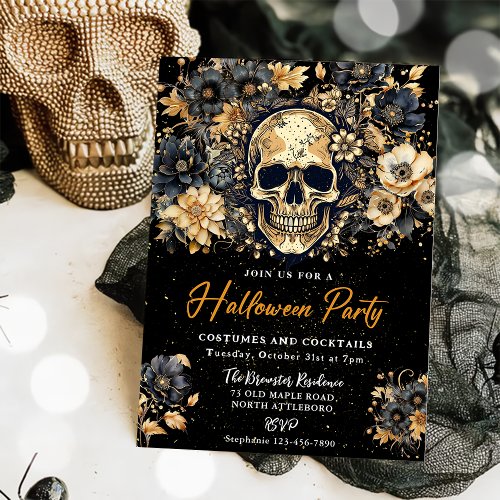Black And Gold Skull Halloween Party Invitation