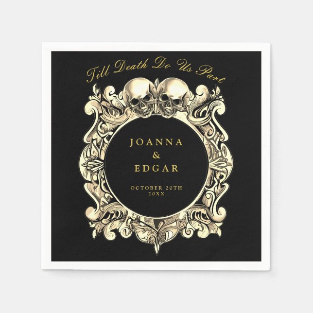 Black And Gold Skulls Gothic Wedding Napkins (Front)