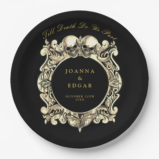 Black And Gold Skulls Gothic Wedding Paper Plates (Front)