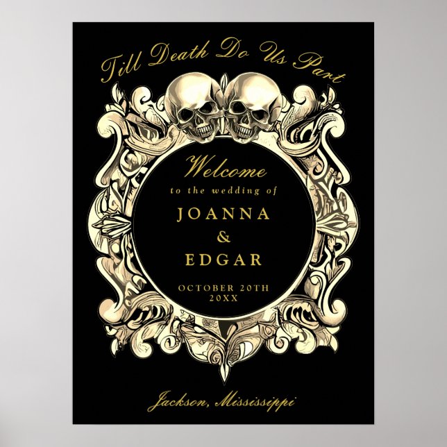 Black And Gold Skulls Gothic Wedding Welcome Sign (Front)